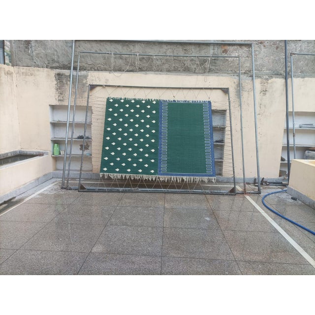 Forest Green Handmade Cotton Vegetable Dyed Rug, Forest Green, White and Blue Zig Zag Striped Dhurrie-4'x6' For Sale - Image 8 of 12