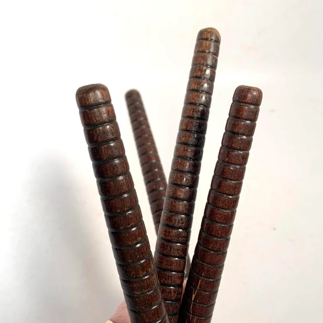 Mid-20th Century Wood and Metal Dark Brown Industrial Textile Quills Set of 4 For Sale - Image 4 of 7