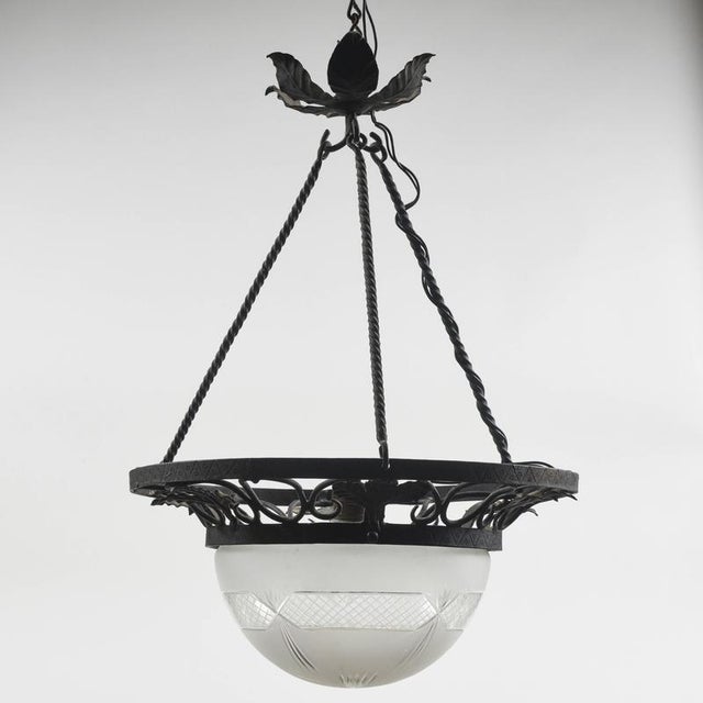 Metal Art Nouveau Iron Pendant with Glass Hood For Sale - Image 7 of 9