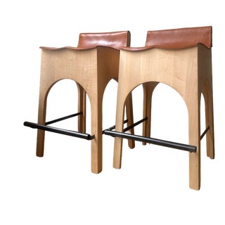 Jack Counter Stools in Sycamore Wood and Tan Leather from Lostine, USA, 2018, Set of 2 For Sale