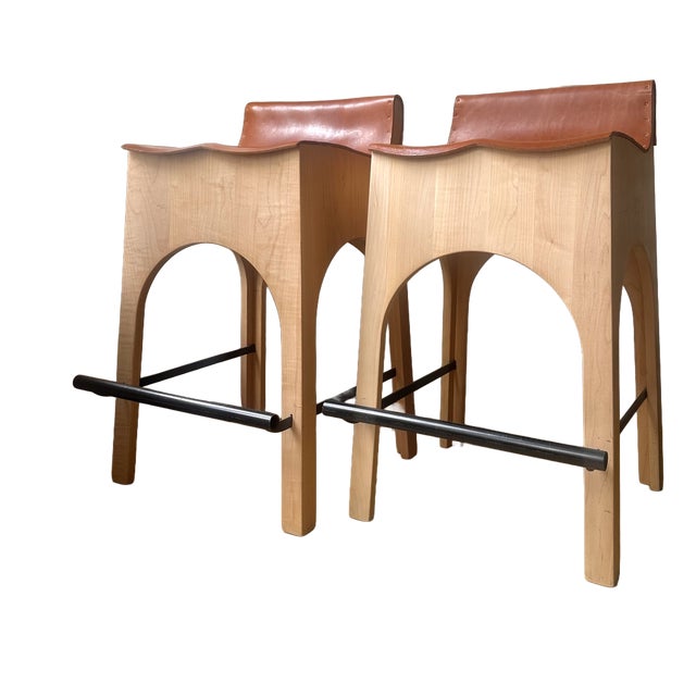 Jack Counter Stools in Sycamore Wood and Tan Leather from Lostine, USA, 2018, Set of 2 For Sale