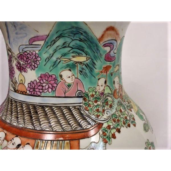 1970s 1970s Classic Chinese Hand Painted Vase 100 Kids Playing in Temple Garden For Sale - Image 5 of 10