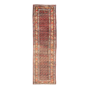 Antique Kurdish Runner With All-Over Geometric Design on a Blue Background 3'9 X 13'7