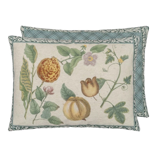 Pair of Lemons & Floral Linen Pillows For Sale