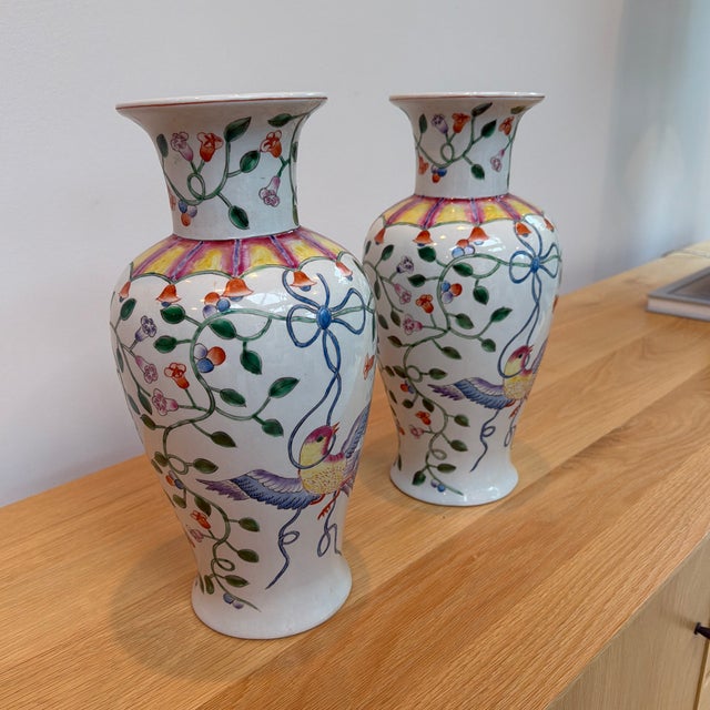 Pair of Altfield Hong Kong Hand-Painted Chinoiserie Bird & Floral Porcelain Vases, 14” For Sale - Image 12 of 12