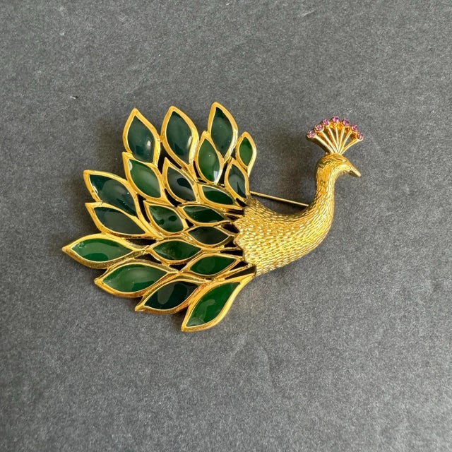 Trifari Peacock Brooch Gripoix Plique A Jour Stained Glass Bird Rhinestone Signed Signed Trifari Gold tone metal with...