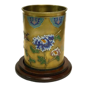 1940s Chinese Floral Bronze Cloisonne Enamel Cylinder Vase With Wood Base