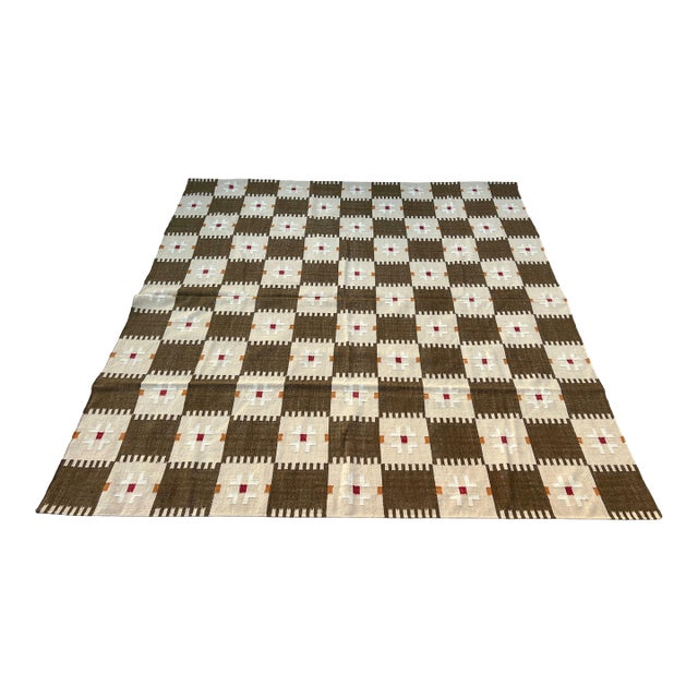 Handmade New Zealand Wool Dhurrie, Brown and Cream Geometric Rug- 10'x14' For Sale