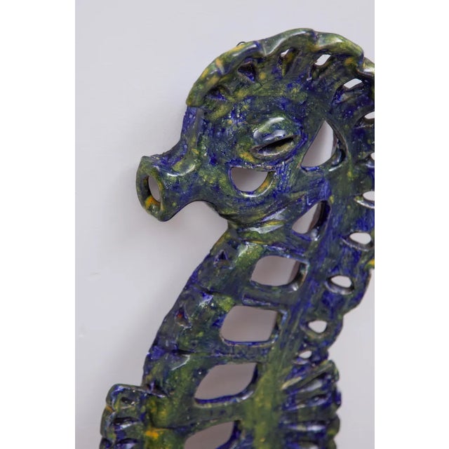 1970s Vintage Blue Glazed Seahorse Wall Sculpture, 1970s For Sale - Image 5 of 10