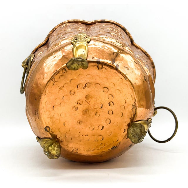 Vintage Embossed Copper Planter / Cachepot With Lion Head Ring Handles & Paw Feet - English / French Country / Rustic European For Sale - Image 9 of 13