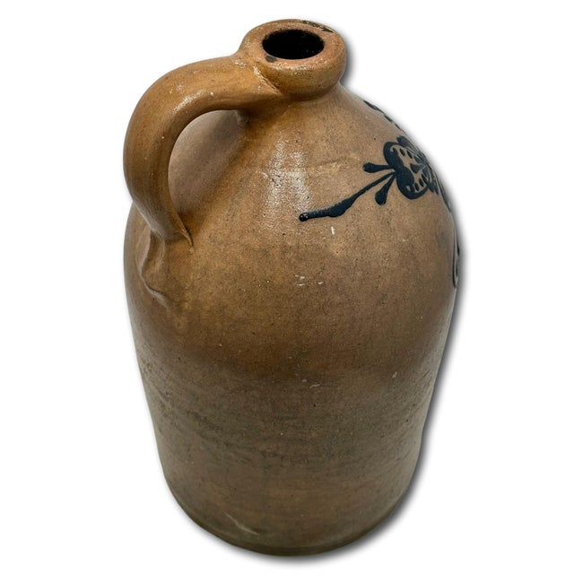Great Mid 1800s Antique American 2 Galllon Stoneware Jug With Bold Artiscally Hand Decorated Navy Blue Flower Design For Sale - Image 16 of 18