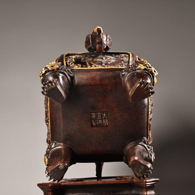 Late 20th Century Gilt Bronze Hexagonal Incense Burner With Qilin and Dragon Motifs For Sale In Los Angeles - Image 6 of 10