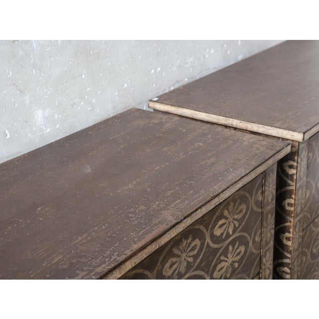 Wood Neoclassical French Country Bedside Tables with Pattern in a Brown and Cream, Set of 2 For Sale - Image 7 of 12