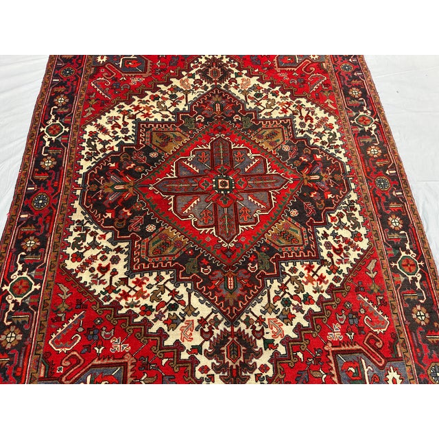 Vintage Hand-Knotted Caucasian Wool Rug 6'8" X 9'1" – Tribal Heriz Design Large Area Carpet For Sale - Image 4 of 8