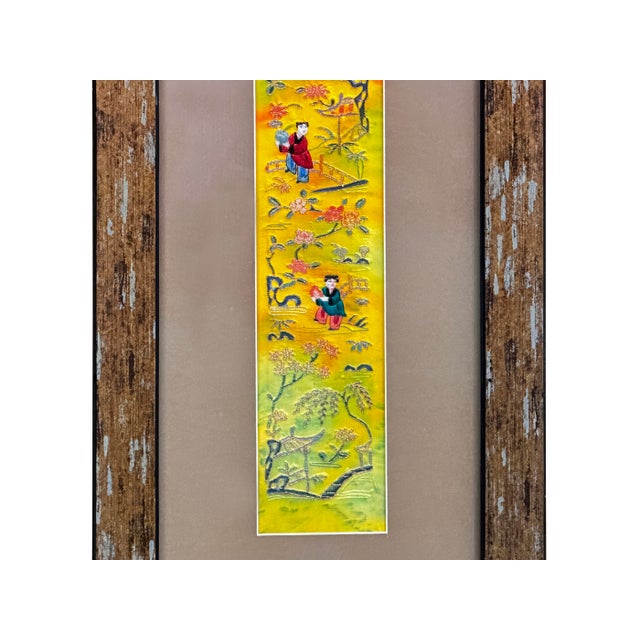 Asian Vintage Yellow Scenery Embroidered Rectangular Framed Wall Art B For Sale - Image 3 of 14