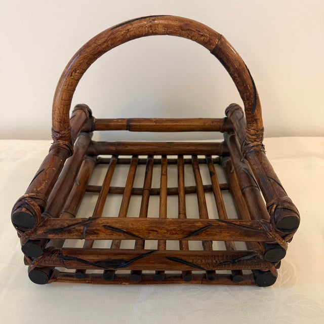 Mid 20th Century Bamboo and Wicker Handled Table Serving Basket For Sale - Image 9 of 9