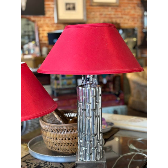 1960s 1960s Chrome Faux Bamboo Hollywood Regency Style Table Lamps With Red Shades - a Pair For Sale - Image 5 of 15
