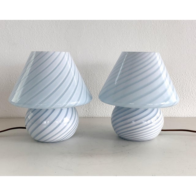 Vintage Italian Mushroom Table Lamps in Blue Swirl Glass, 1970s, Set of 2 For Sale - Image 6 of 16
