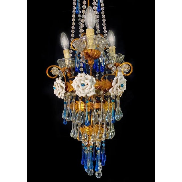 Chandelier with White Roses and Blue Drops, Murano, 1950s For Sale - Image 3 of 18