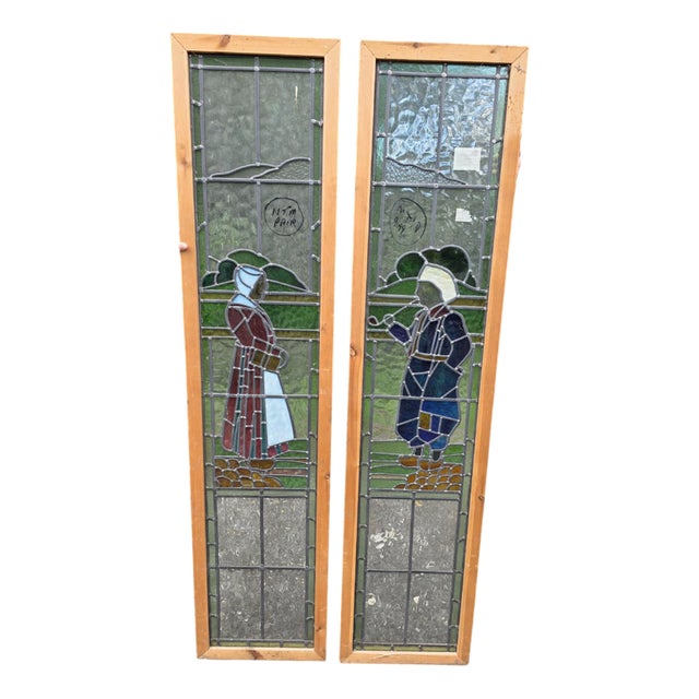 Antique Leaded Glass Window with Dutch Boy and Girl Design, 1930 For Sale