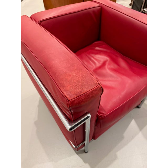 Pair Of. Chrome and Red Leather Club Chair in the Style of Le Corbusier For Sale - Image 9 of 13