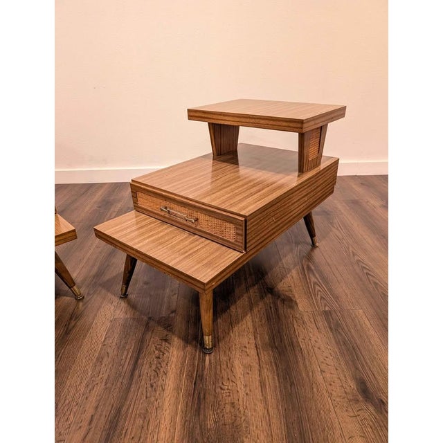 Mid-Century Modern MCM Pair of 3 Tiered Laminate End Tables For Sale - Image 3 of 7
