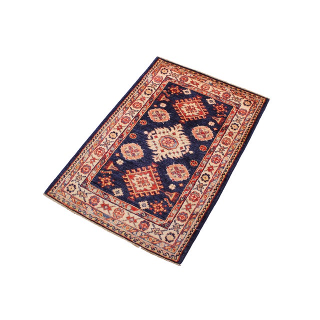 Rustic Bohemian Super Kazak Blue/Beige Wool Rug - 2'1'' X 3'2'' For Sale - Image 3 of 10