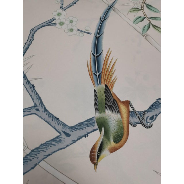 Pink Handpainted Silk Wallpaper, Chinoiserie Birds and Bamboo, Chinoiserie Handmade Wallpaper Mural - Set of 4 For Sale - Image 8 of 12