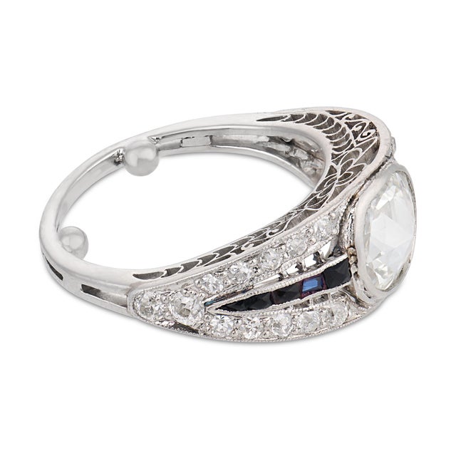 1920s Art Deco Gia 1.06 Carat Rose Cut Diamond Onyx Platinum Engagement Ring, Size 4.25 For Sale - Image 4 of 8