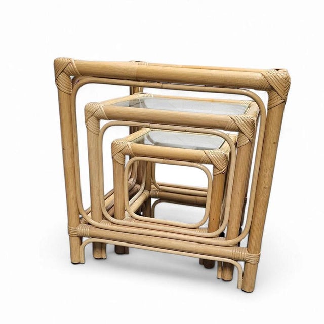 Bamboo Nesting Side Tables with Clear Glass Tops, 1970s, Set of 3 For Sale - Image 12 of 12
