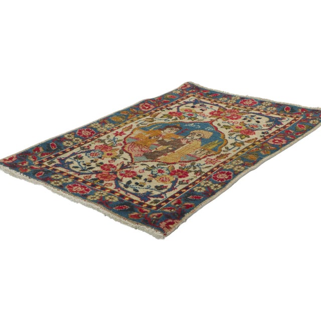 61064 Antique Persian Tabriz Pictorial Rug, 01'08 x 02'06. This hand-knotted wool antique Persian Tabriz pictorial rug...