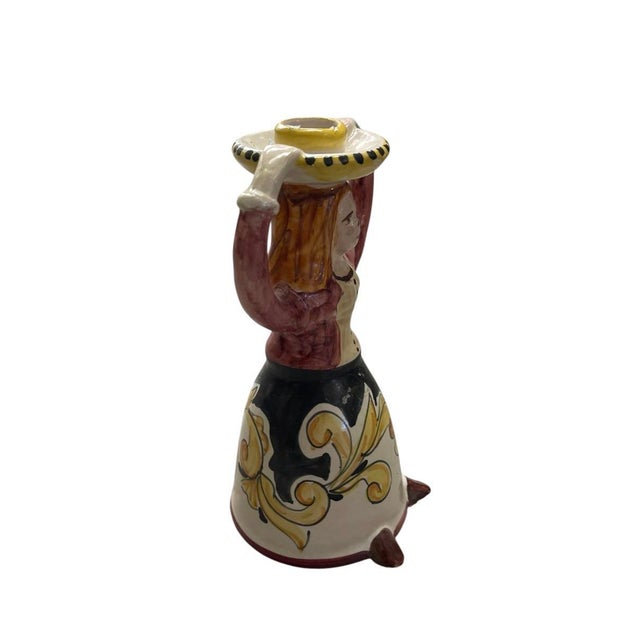 Vintage Italian Hand-Painted Majolica Figural Candlestick – Woman in Traditional Dress For Sale - Image 4 of 12
