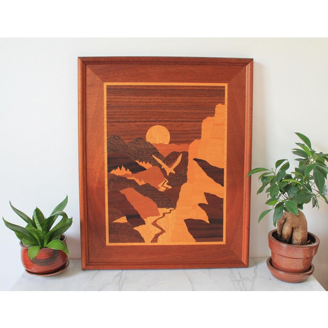 Vintage framed handmade marquetry picture features wood inlay artwork of birds soaring over a landscape. No makers mark....