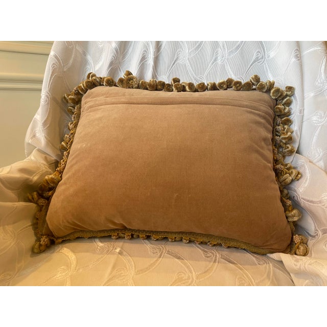 Celadon Pair Aubusson Fringed Floral Pillows (15”x18”) With Down Inserts: Seafoam, Celadon, Coral & Gold For Sale - Image 8 of 12