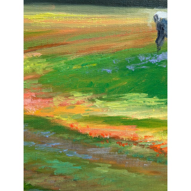 Colorful naturalistic landscape painting by Houston based artist Nancy Paris Pruden. The work features a serene pastoral...
