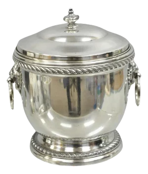 Vintage English Regency Silver Plated Lion Head Lidded Ice Bucket by Poole