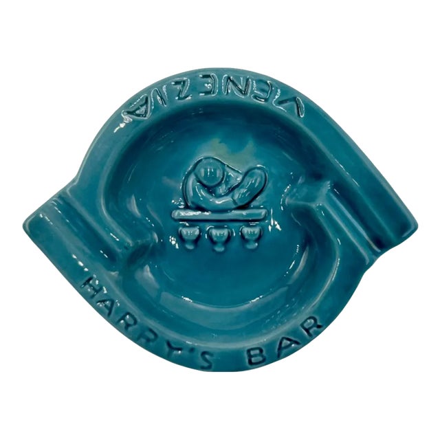Mid 20th Century Vintage Harry's Bar Venezia Italy Ashtray Blue Ceramic Dish For Sale