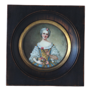 Exquisite Antique Original Miniature Portrait of Fine French Lady With Flowers Signed David