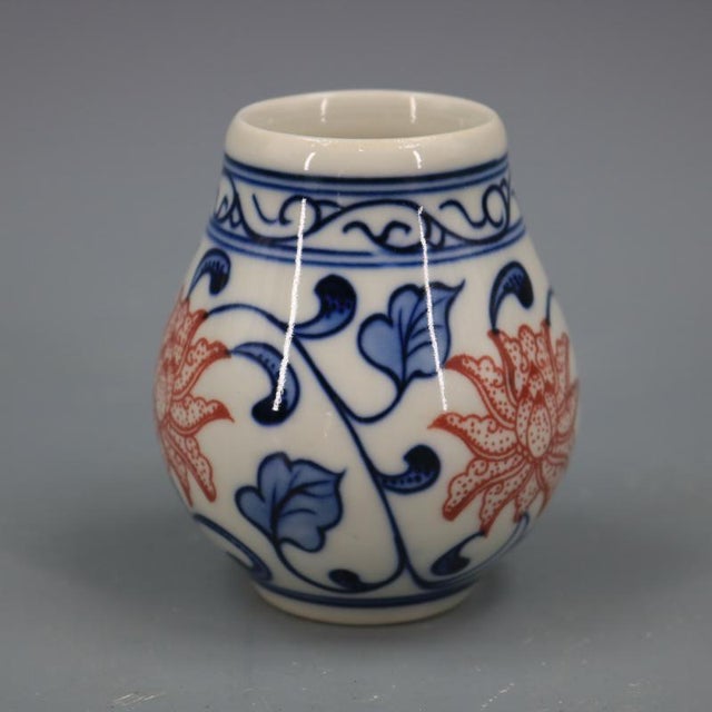 Chinese Vintage Ceramic Vase,Blue and White Underglaze Red Porcelain Vase Hand Painted Lotus Flowers Pattern For Sale - Image 4 of 6