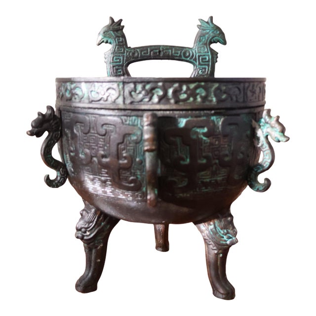 Vintage James Mont Style Hollywood Regency Faux Bronze Chinese Archaic Ice Bucket For Sale