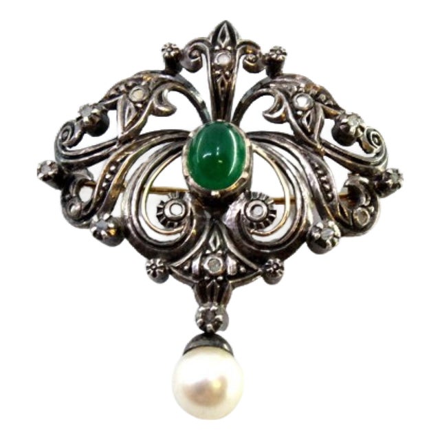 Gold and Silver Brooch with Diamond Chips, Faux Pearl and Central Synthetic Cabochon For Sale