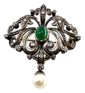 Gold and Silver Brooch with Diamond Chips, Faux Pearl and Central Synthetic Cabochon