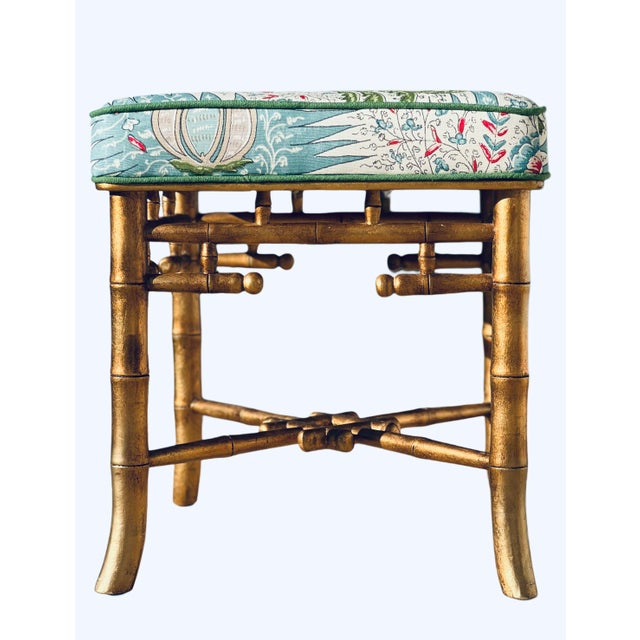 2010s Chinese Chippendale Giltwood Faux Bamboo Bench in Quadrille Les Indiennes For Sale - Image 5 of 18