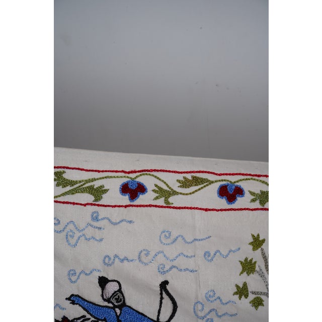 Ecru Uzbek Suzani Animal Tablecloth - Silk Cotton Blend Horse Runner 1'6'' X 6'1'' For Sale - Image 8 of 12