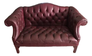 1970s Vintage Chippendale Style Burgundy Leather Camelback Tufted Settee