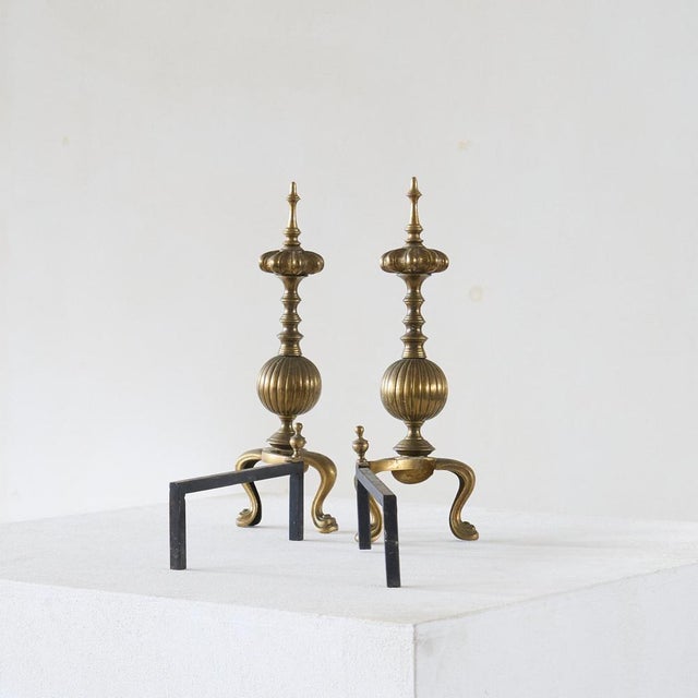 Metal Large Neoclassical Andirons in Patinated Brass, 1920s, Set of 2 For Sale - Image 7 of 9