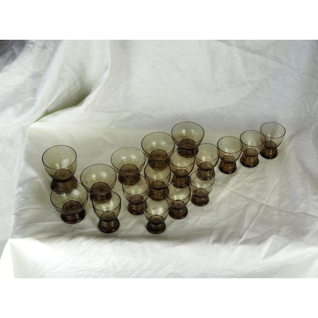 1970s French Smoked Blown Engraved Glasses- Set of 17 For Sale - Image 6 of 13