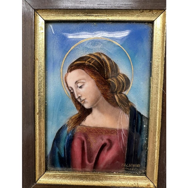 Copper Antique Vintage French Religious Enamel on Copper Virgin Mary Fj Carmona Limoges For Sale - Image 8 of 11
