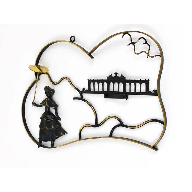 A lovely midcentury mural, displaying a woman in a Biedermeier dress with umbrella in front of the Gloriette in Vienna,...