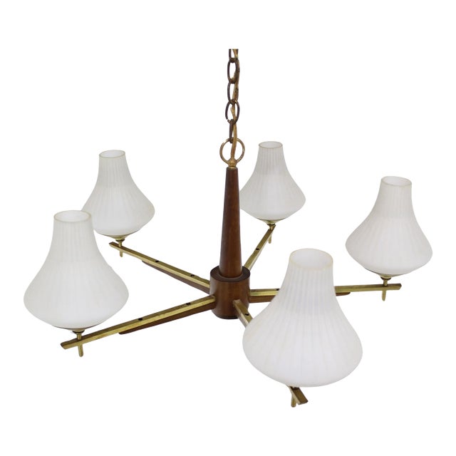 Danish Mid Century Modern Light Fixture Chandelier 5 Frosted Glass Shades For Sale